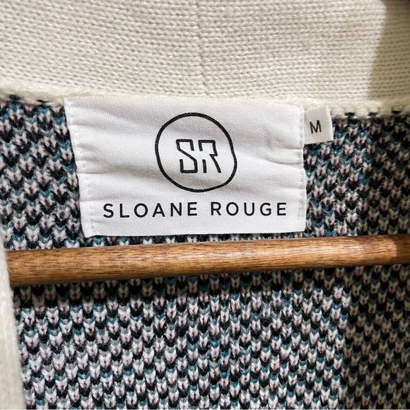 Sloane Rouge Aztec Print Fringe Open Front Cardigan Wool Blend Beige Medium - Picture 4 of 5